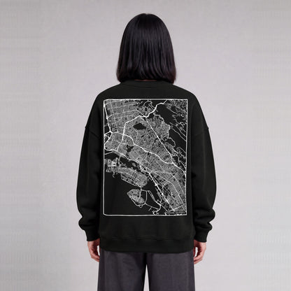 Oakland map sweatshirt, back print on model - Black