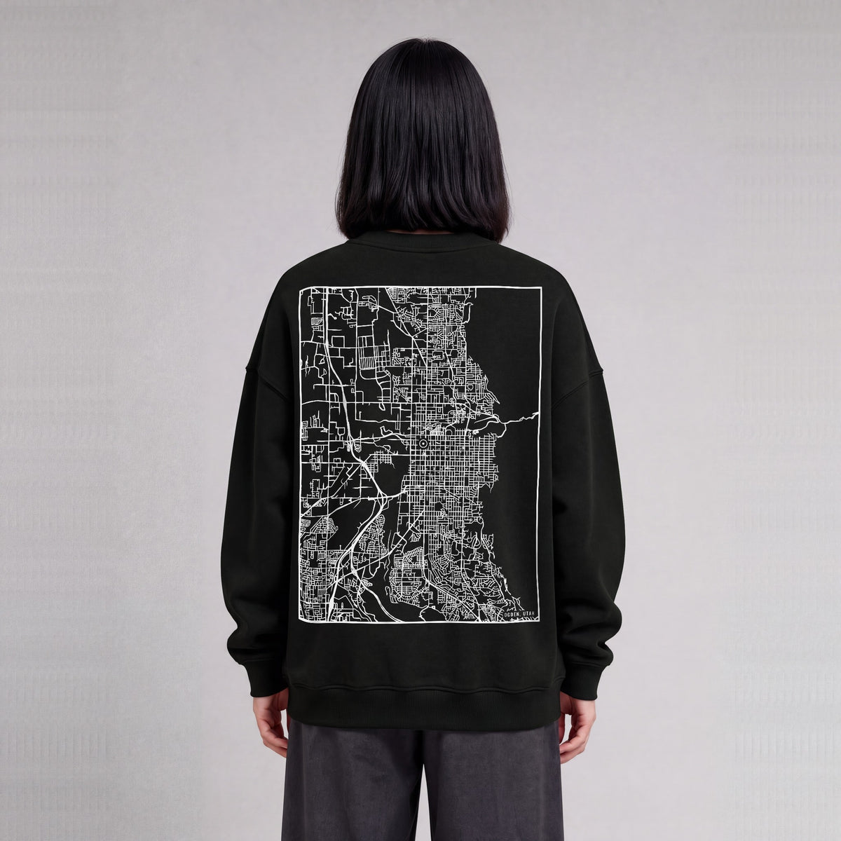 Ogden map sweatshirt, back print on model - Black