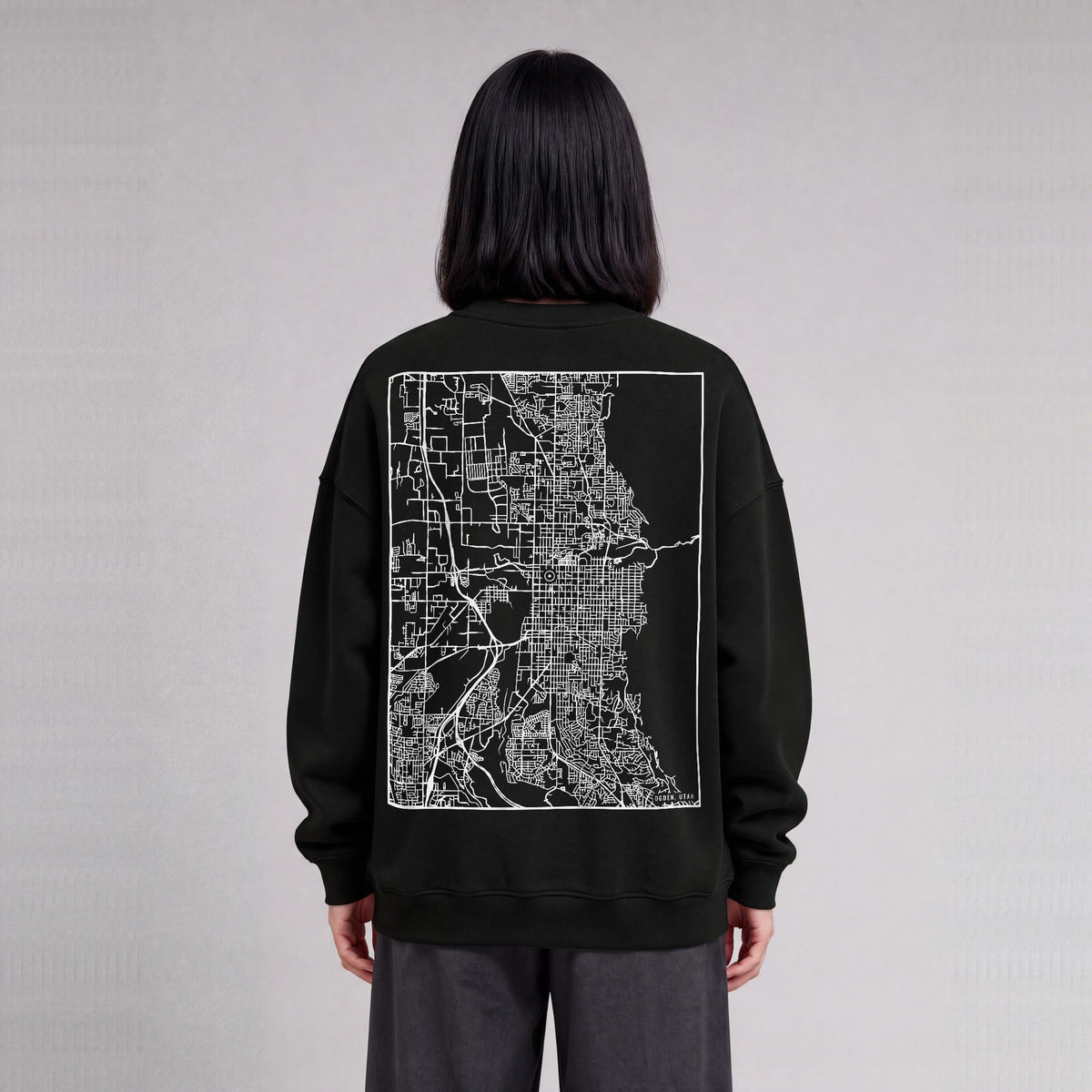 Ogden map sweatshirt, back print on model - Black