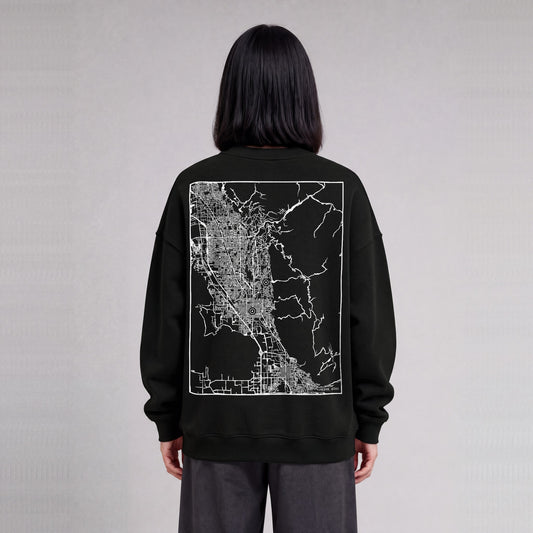 Provo map sweatshirt, back print on model - Black