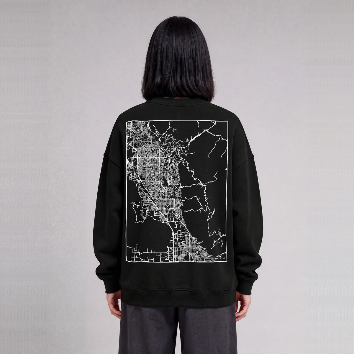 Provo map sweatshirt, back print on model - Black