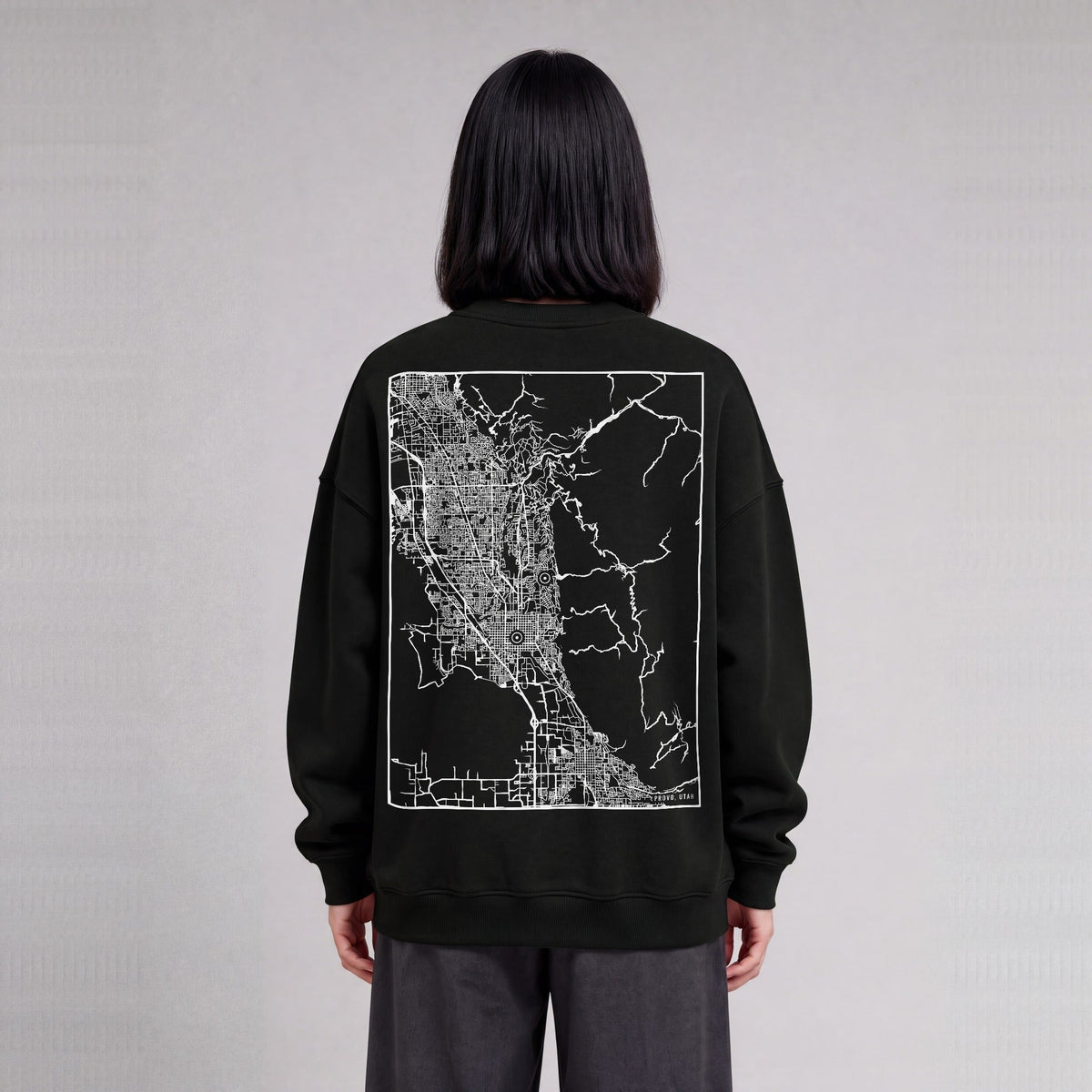 Provo map sweatshirt, back print on model - Black