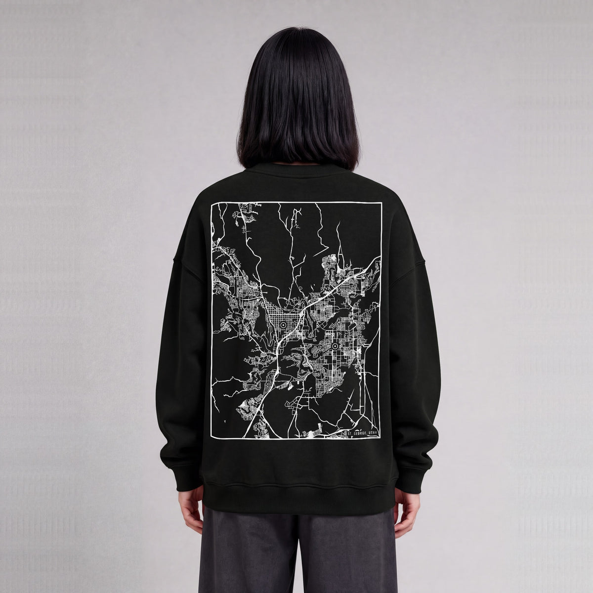 St. George map sweatshirt, back print on model - Black