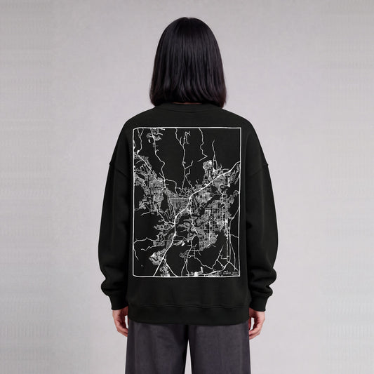 St. George map sweatshirt, back print on model - Black