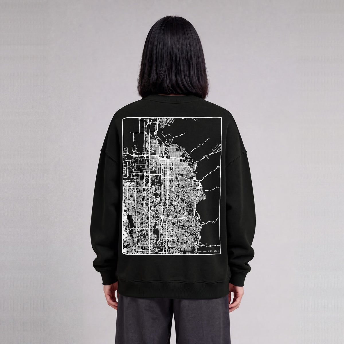 Salt Lake City map sweatshirt, back print on model - Black