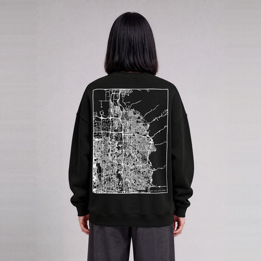Salt Lake City map sweatshirt, back print on model - Black