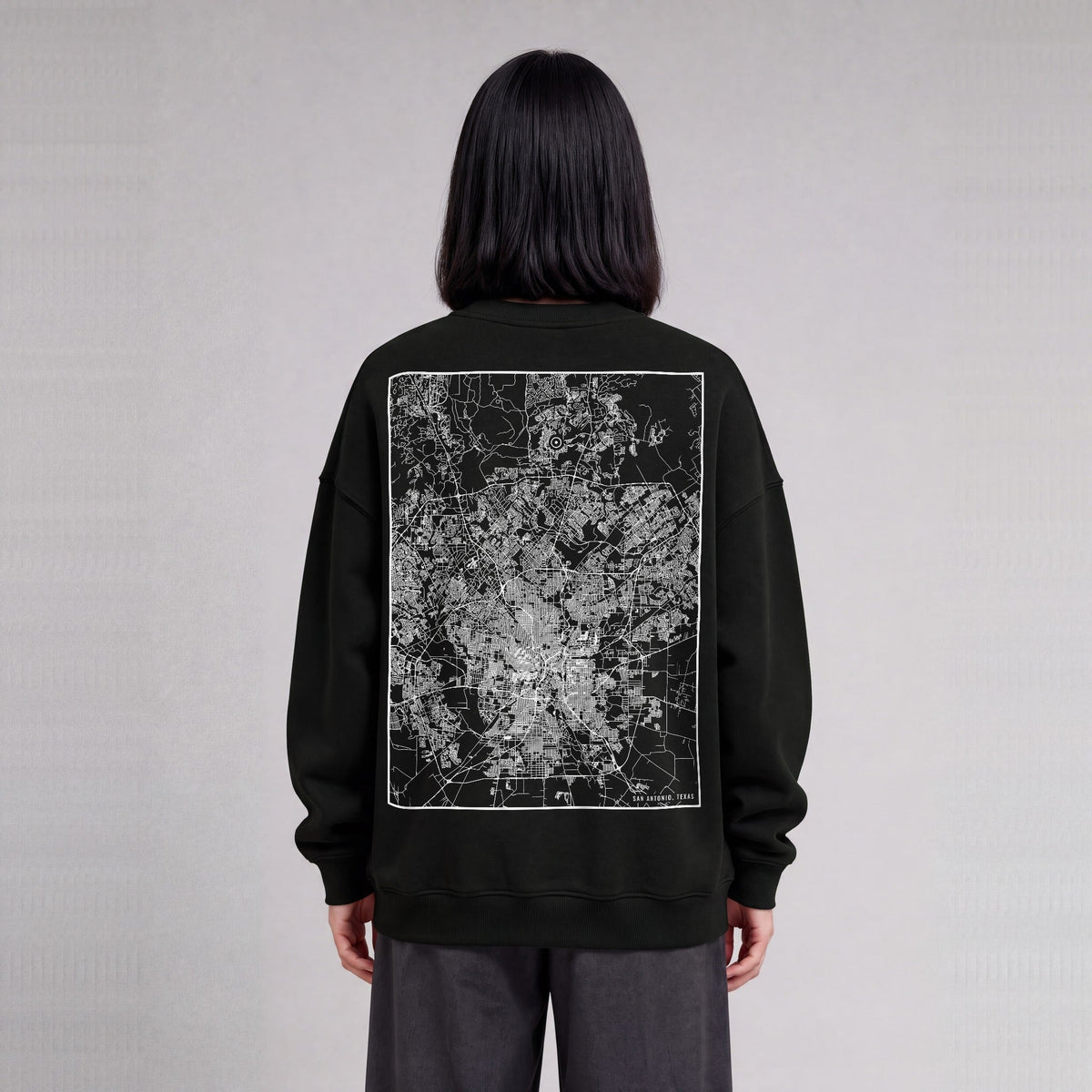 San Antonio map sweatshirt, back print on model - Black