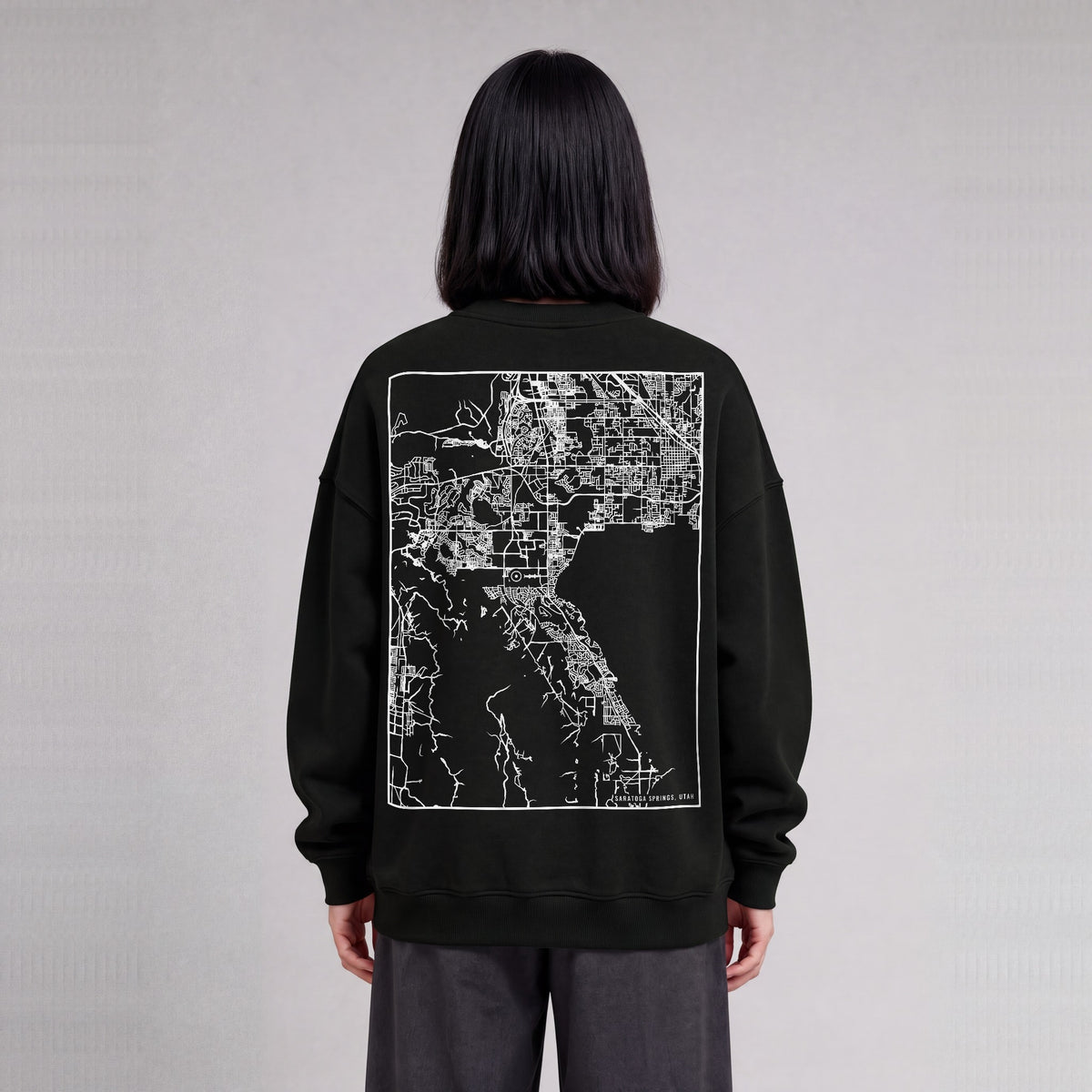Saratoga Springs map sweatshirt, back print on model - Black
