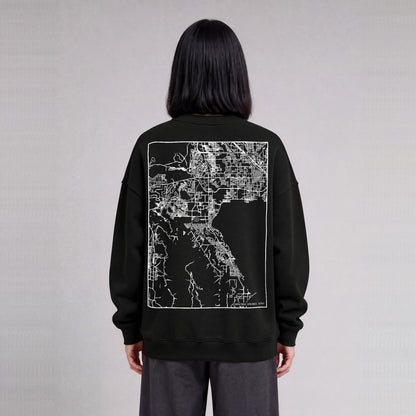 Saratoga Springs map sweatshirt, back print on model - Black