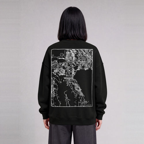 Saratoga Springs map sweatshirt, back print on model - Black