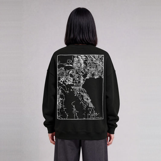 Saratoga Springs map sweatshirt, back print on model - Black