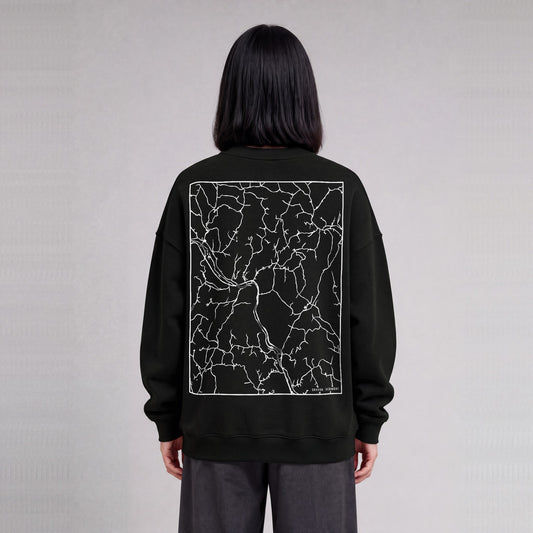 Sharon map sweatshirt, back print on model - Black