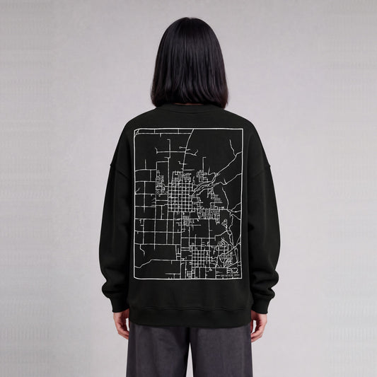 Smithfield map sweatshirt, back print on model - Black