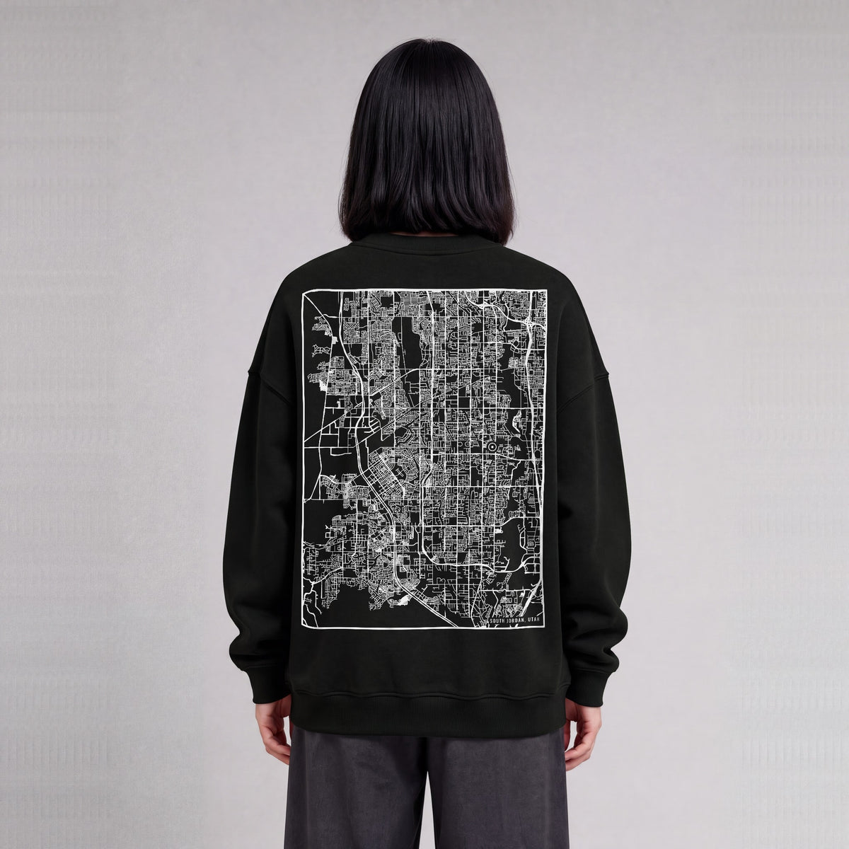 South Jordan map sweatshirt, back print on model - Black