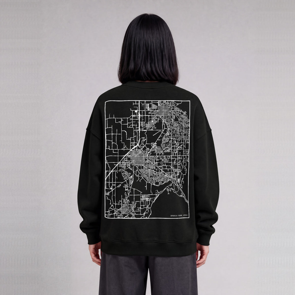 Spanish Fork map sweatshirt, back print on model - Black