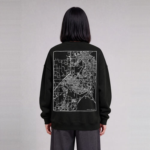 Spanish Fork map sweatshirt, back print on model - Black
