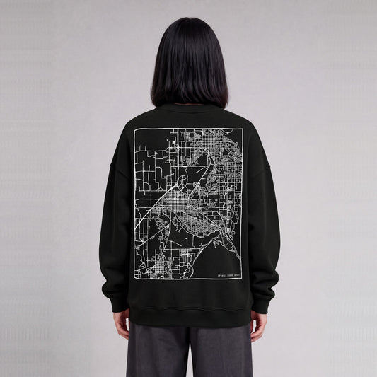 Spanish Fork map sweatshirt, back print on model - Black