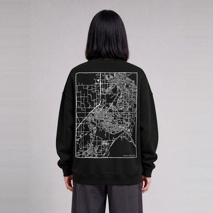 Spanish Fork map sweatshirt, back print on model - Black