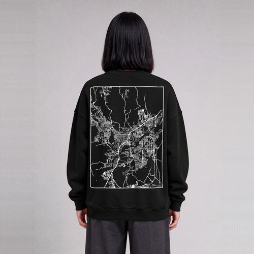 St. George map sweatshirt, back print on model - Black