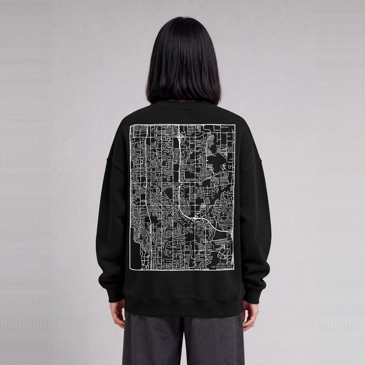 Taylorsville map sweatshirt, back print on model - Black