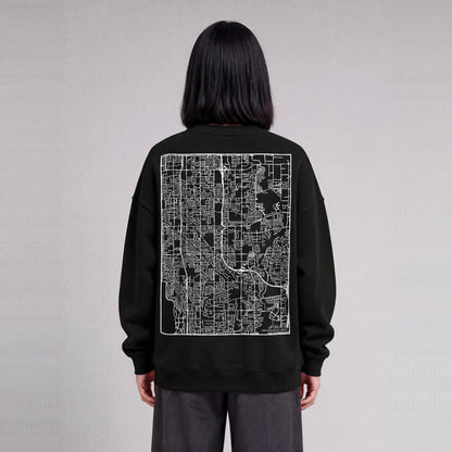 Taylorsville map sweatshirt, back print on model - Black