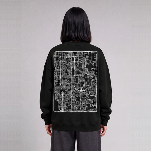 Taylorsville map sweatshirt, back print on model - Black