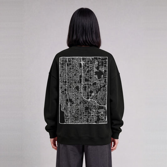 Taylorsville map sweatshirt, back print on model - Black