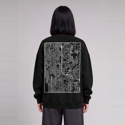 Taylorsville map sweatshirt, back print on model - Black