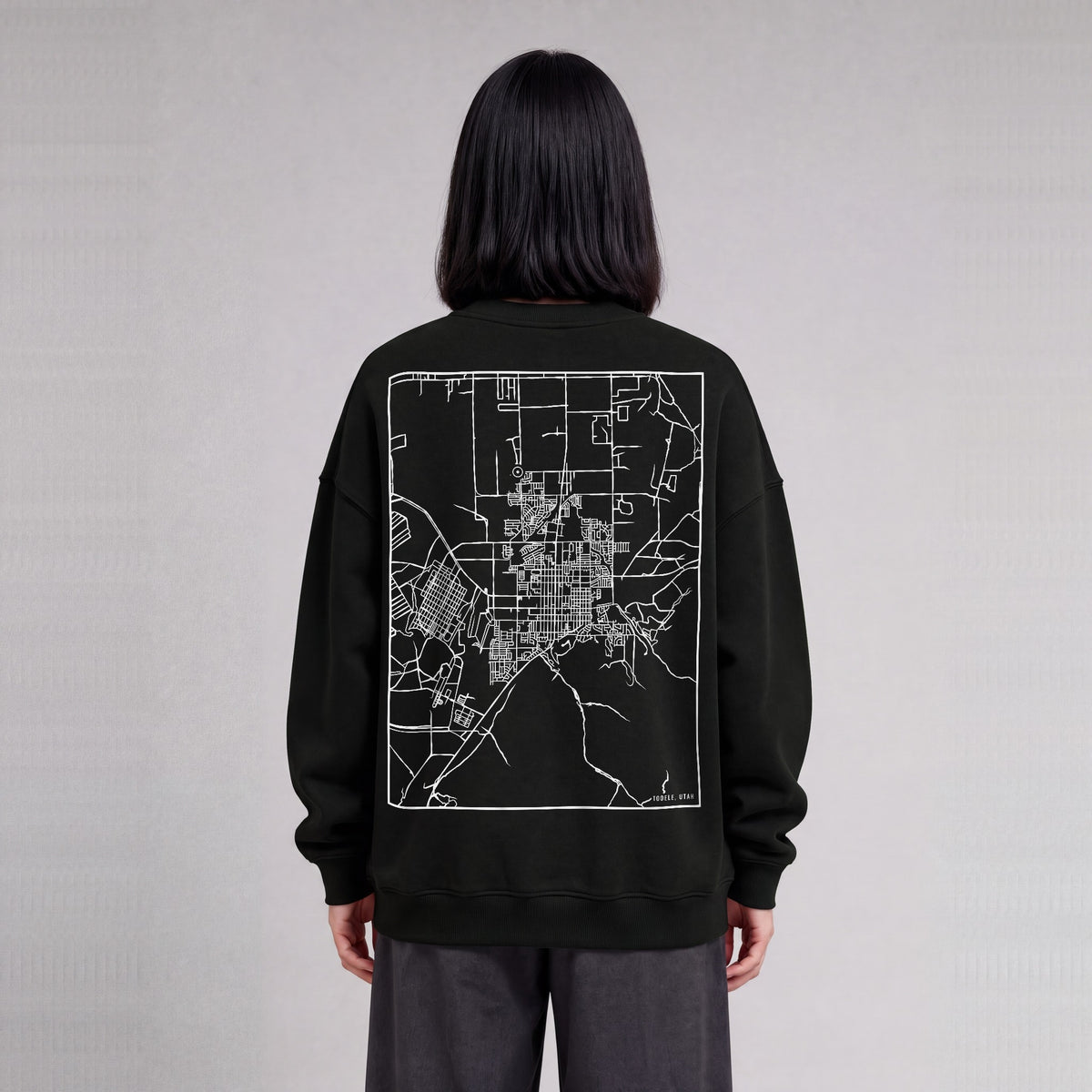 Tooele map sweatshirt, back print on model - Black