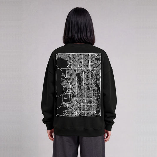 West Jordan map sweatshirt, back print on model - Black