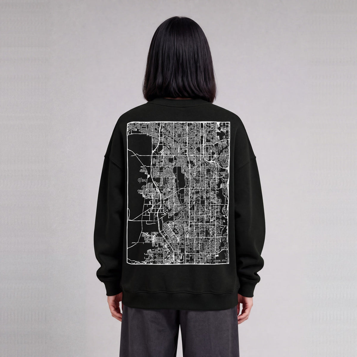 West Jordan map sweatshirt, back print on model - Black