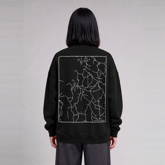 Whitingham map sweatshirt, back print on model - Black