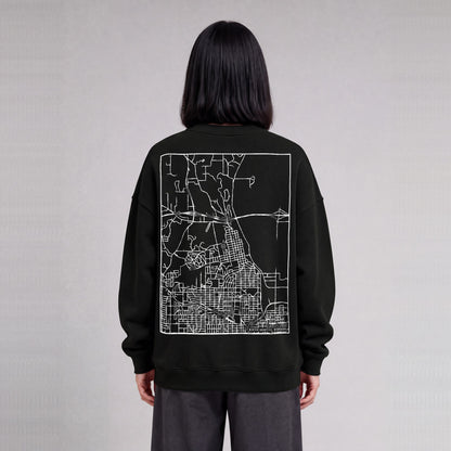 Winter Quarters map sweatshirt, back print on model - Black
