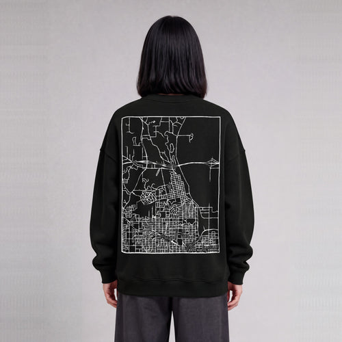 Winter Quarters map sweatshirt, back print on model - Black