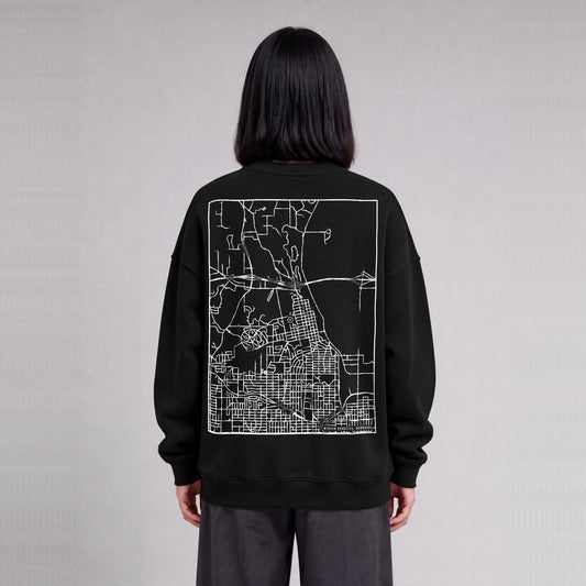 Winter Quarters map sweatshirt, back print on model - Black