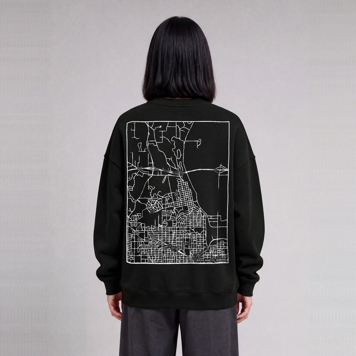 Winter Quarters map sweatshirt, back print on model - Black