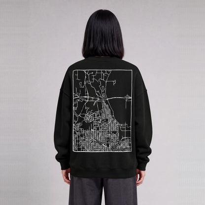 Winter Quarters map sweatshirt, back print on model - Black