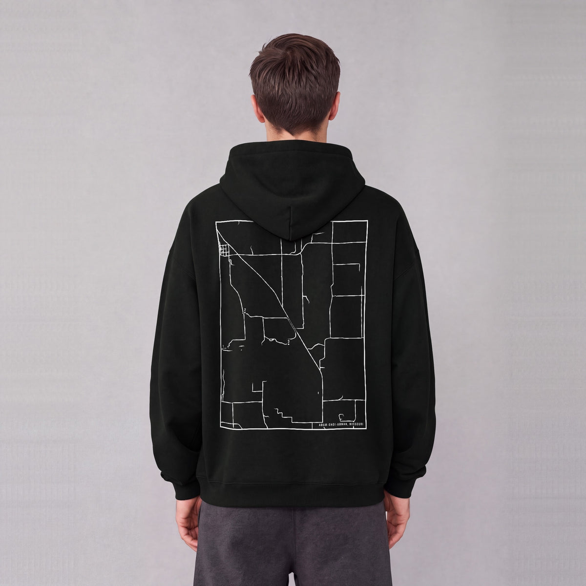 Adam-ondi-Ahman map hoodie, back print on model - Black