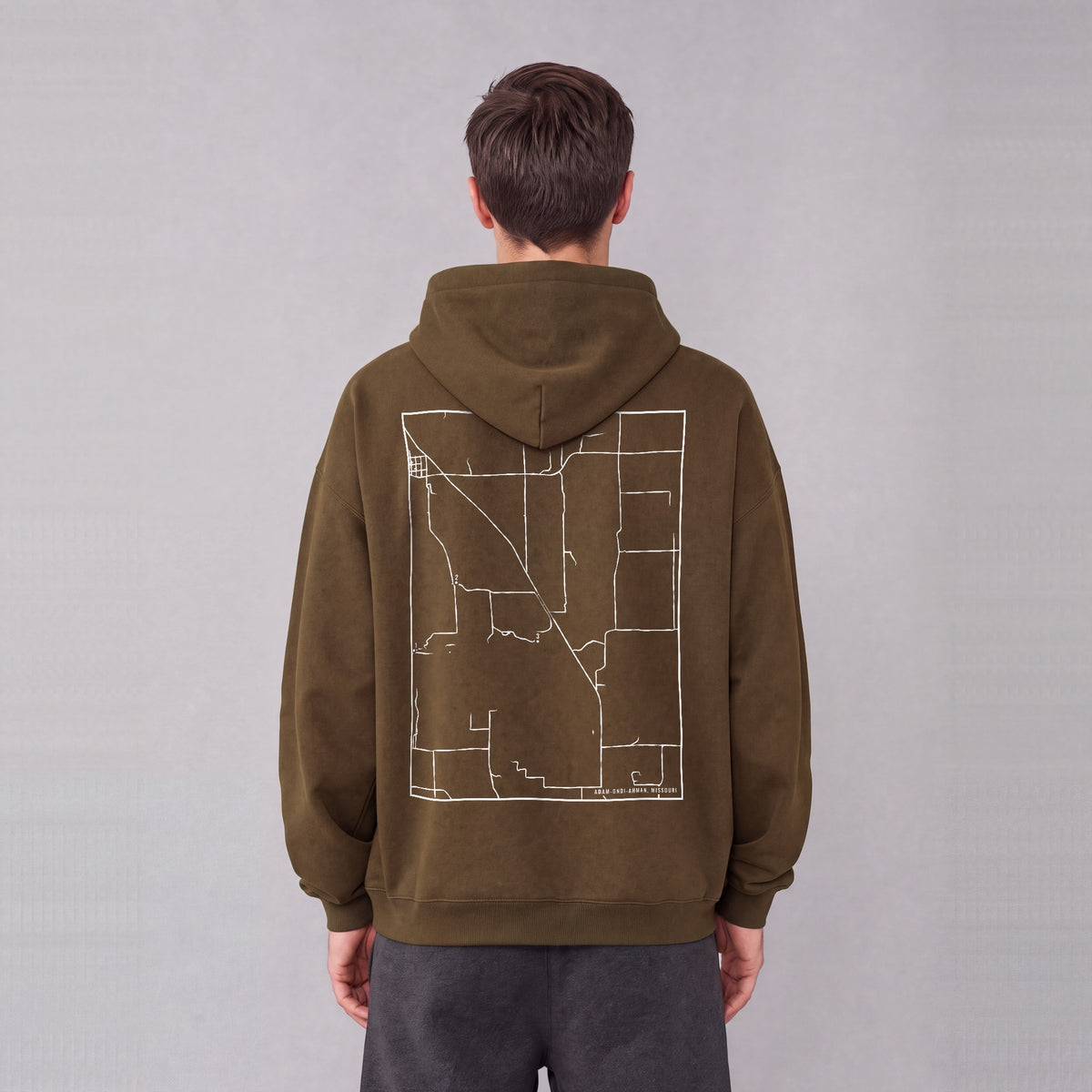 Adam-ondi-Ahman map hoodie, back print on model - Coffee