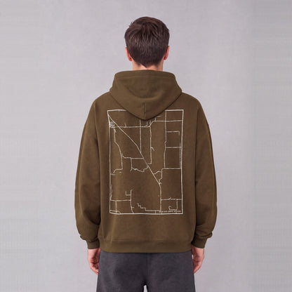 Adam-ondi-Ahman map hoodie, back print on model - Coffee
