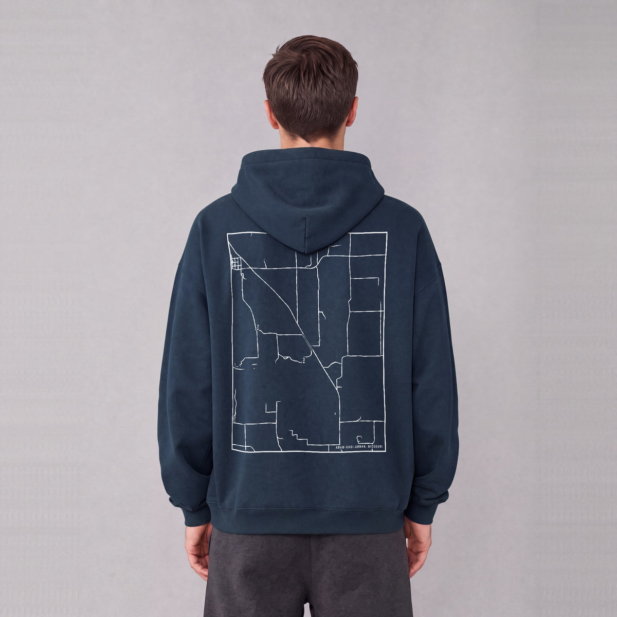 Adam-ondi-Ahman map hoodie, back print on model - Navy Blue