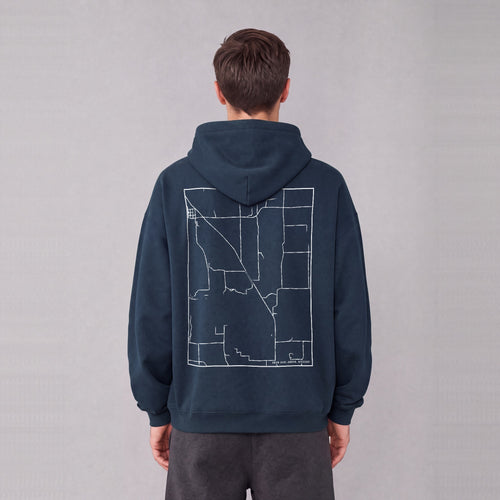 Adam-ondi-Ahman map hoodie, back print on model - Navy Blue