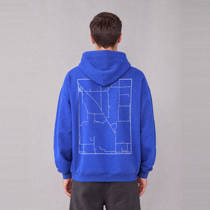 Adam-ondi-Ahman map hoodie, back print on model - Royal Blue