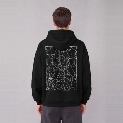Afton map hoodie, back print on model - Black