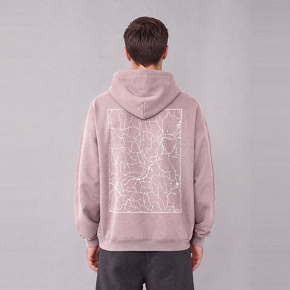 Afton map hoodie, back print on model - Mauve