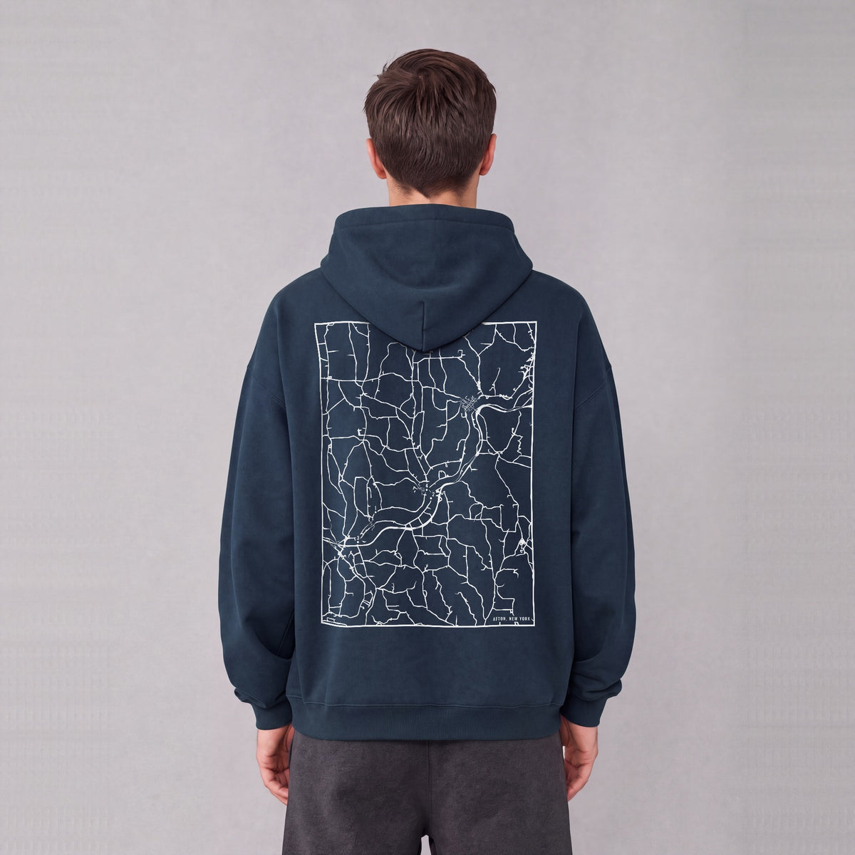 Afton map hoodie, back print on model - Navy Blue