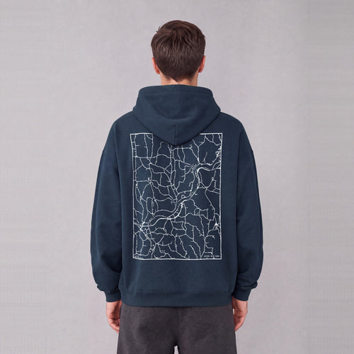 Afton map hoodie, back print on model - Navy Blue