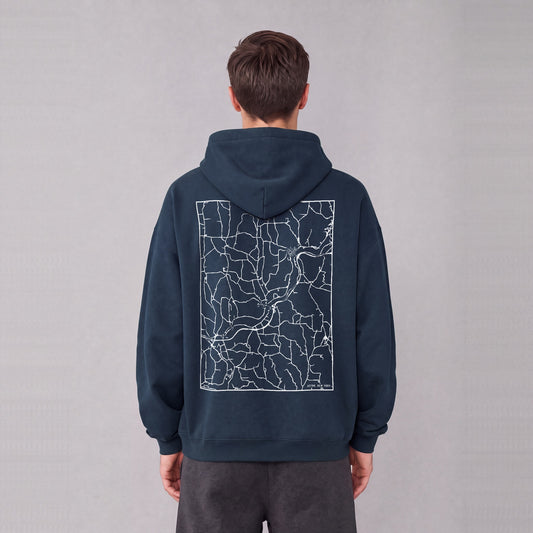 Afton map hoodie, back print on model - Navy Blue