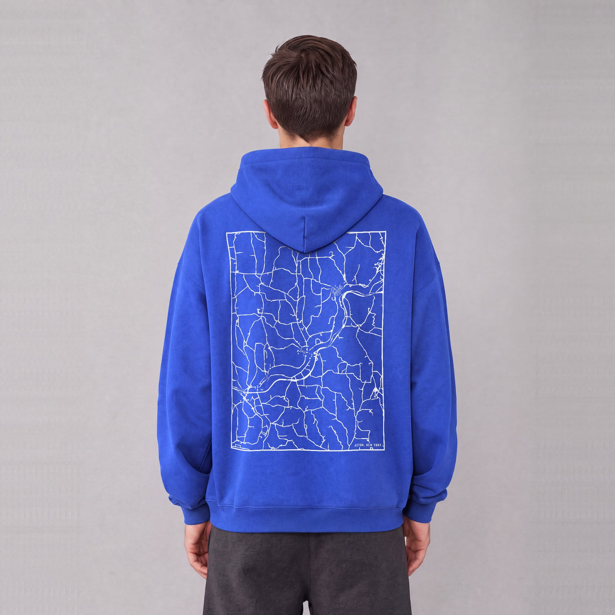 Afton map hoodie, back print on model - Royal Blue