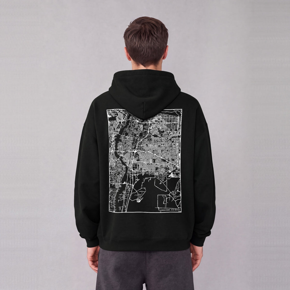 Albuquerque map hoodie, back print on model - Black